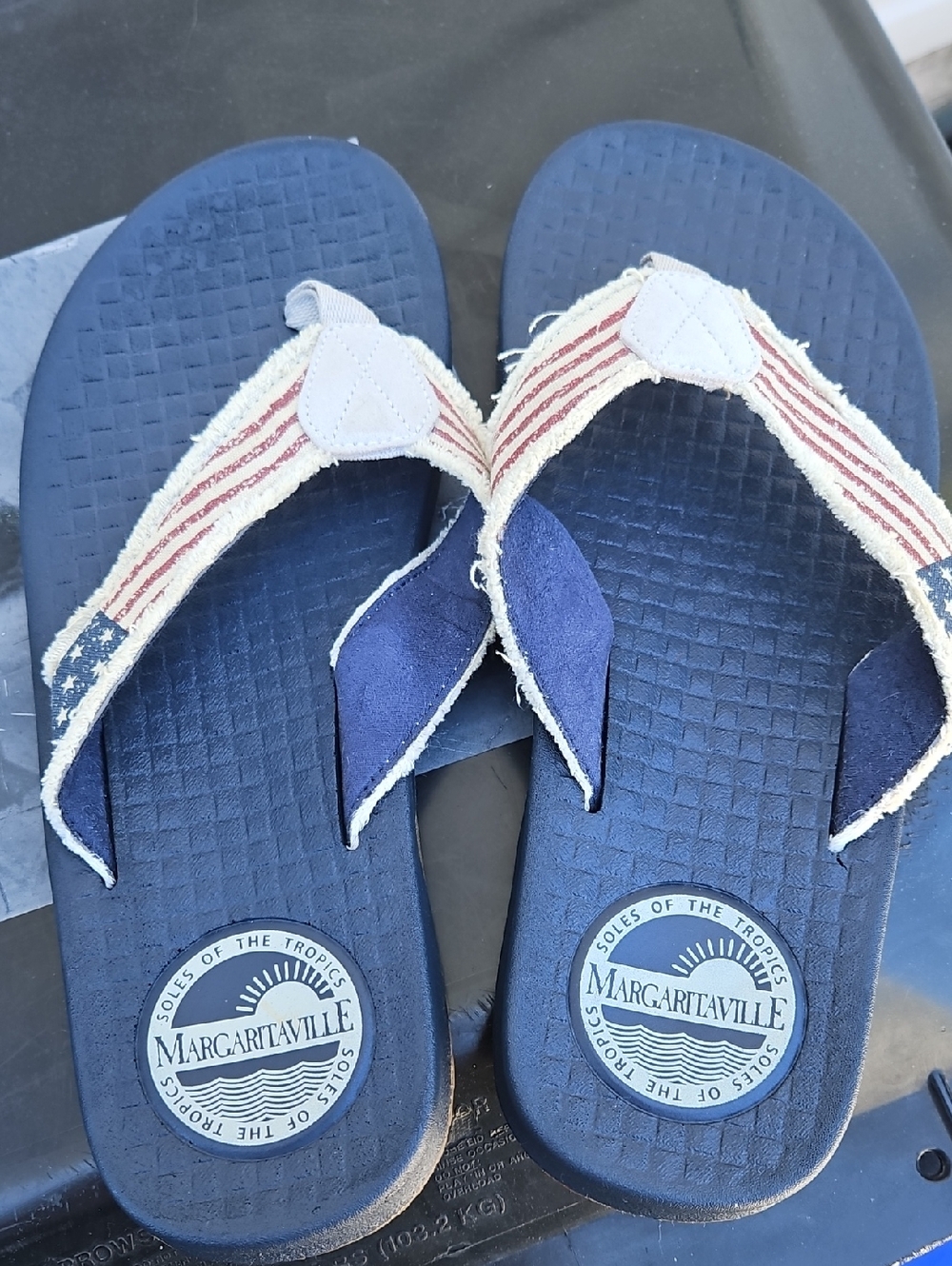 Margaritaville Navy Flip Flops with Red-White Striped Straps